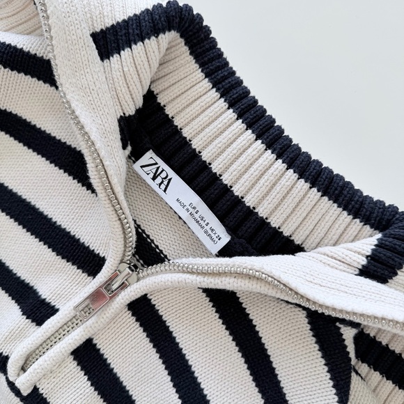 ZARA Striped Half Zip Knit Sweater Cropped Cotton Pullover Size S - Picture 2 of 11